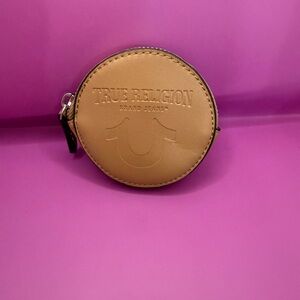 True Religion Brown Round Coin Case/Airpods/Wallet